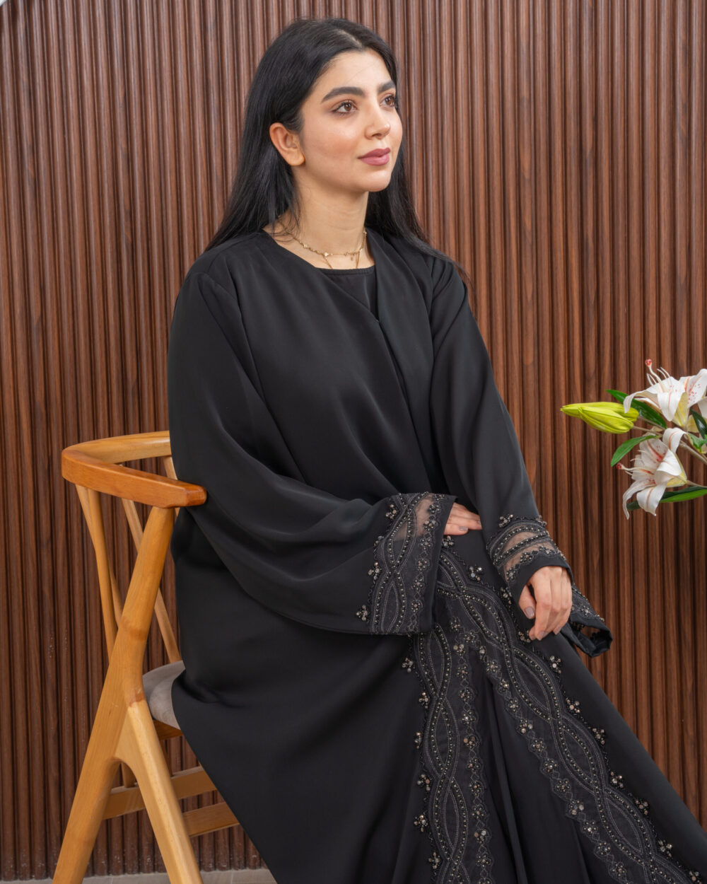 FULLY SIDE AND HAND EMBRODRY BLACK ABAYA - Image 3